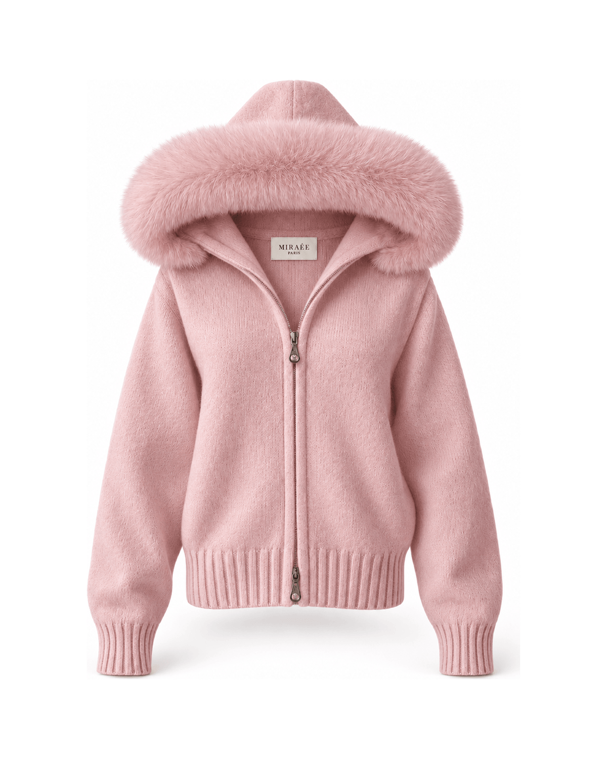 MIRAEE-UNIFORM-2026 | BELAMY – Damen-Kapuzenpullover mit Kunstfellbesatz – Rosa – freigestellte Produktansicht auf weißem Hintergrund