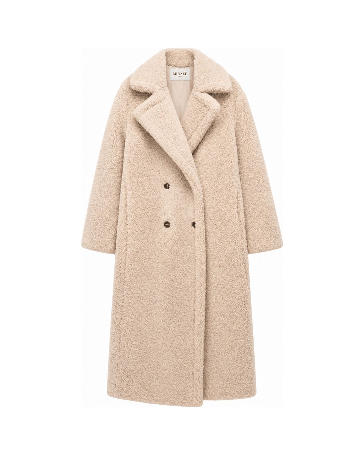 MIRAEE-UNIFORM-2026 | BERNA – Luxuriöser Oversized Teddymantel Damen – Beige – freigestellte Produktansicht auf weißem Hintergrund