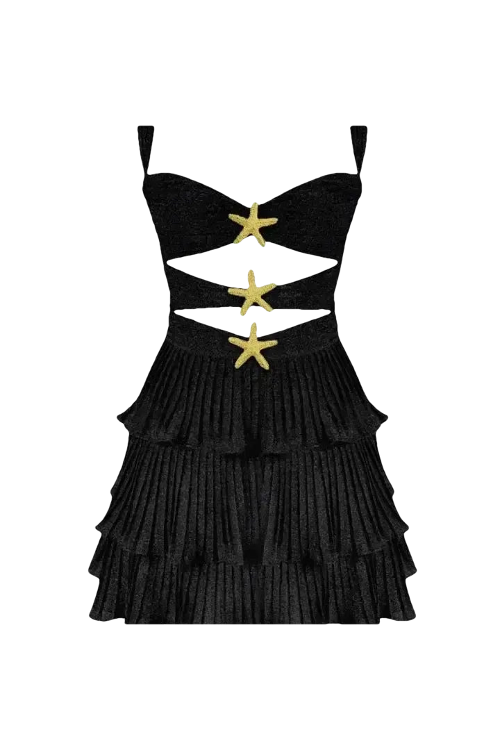 Star Fish Glam Dress featuring a stylish cut-out design and tiered skirt, perfect for elegant evening events.