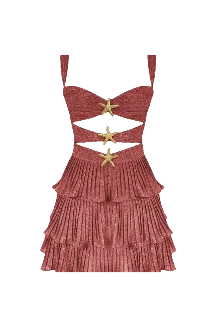 Star Fish Glam Dress with a stylish design, featuring starfish embellishments and pleated layers, perfect for special occasions.