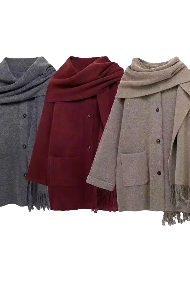 SCARLET – Wollmantel mit integriertem Schal in Grau, Bordeaux und Beige für elegante Damenmode.