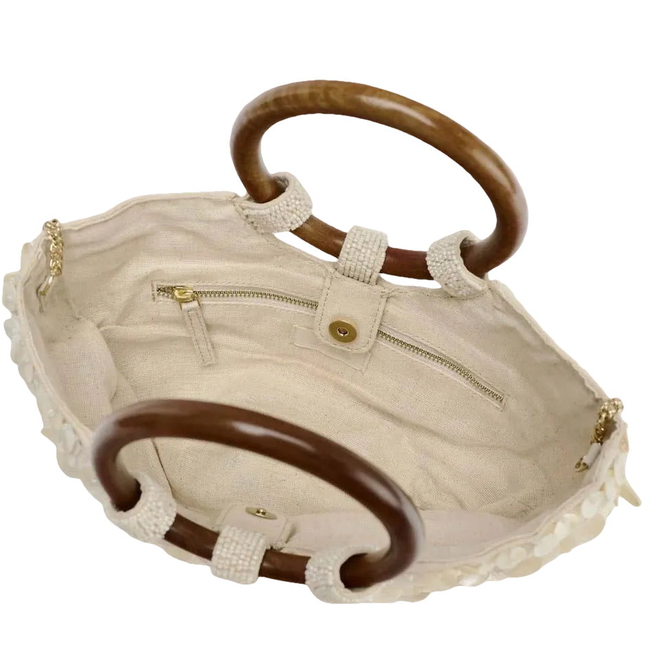 Boho Chic Perlmutt-Tasche mit Holzgriffen - ZAYVI