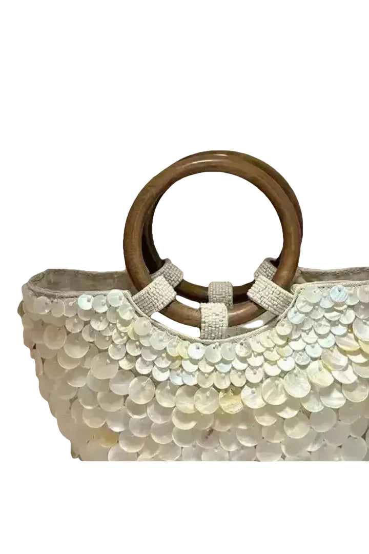 Boho Chic Perlmutt-Tasche mit Holzgriffen - ZAYVI