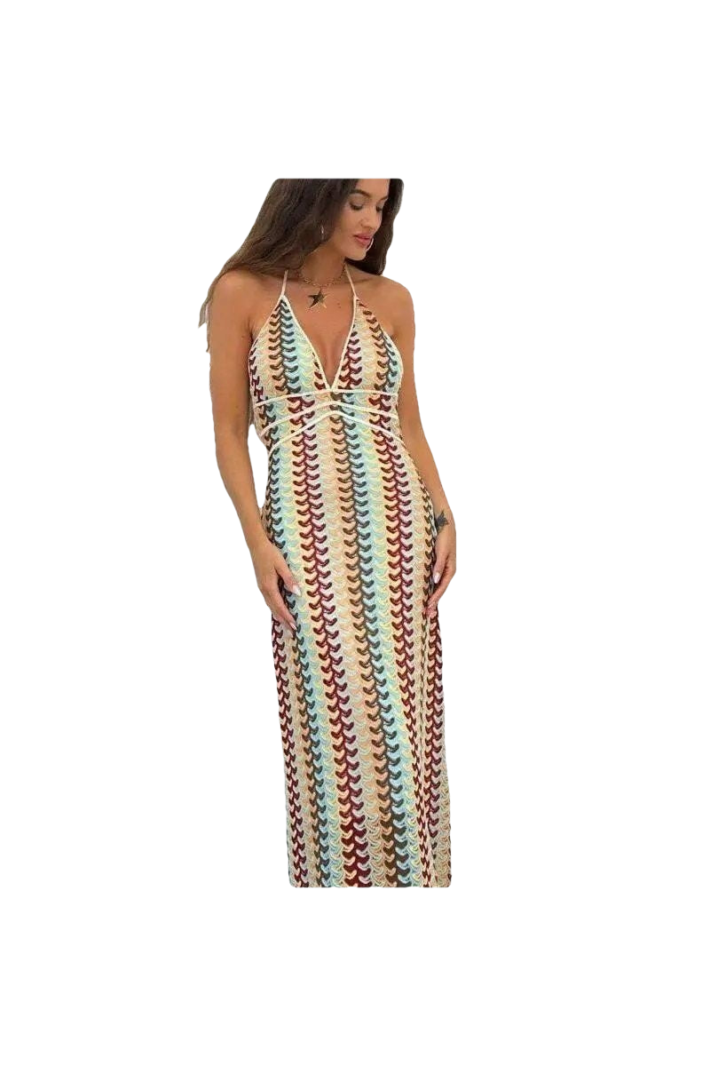 Sunset Waves – Häkel-Maxi Dress im Retro-Style in buntem Häkelmuster, perfekt für Sommerevents und Festivals.