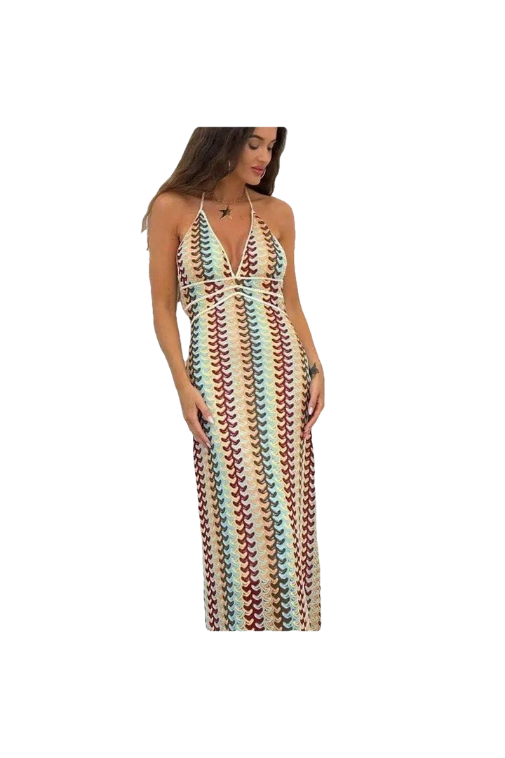 Sunset Waves – Häkel-Maxi Dress im Retro-Style in buntem Häkelmuster, perfekt für Sommerevents und Festivals.