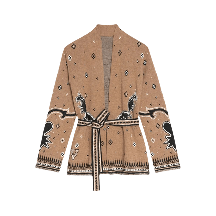 TARA – Vintage Fransen-Cardigan mit Print | V-Neck - ZAYVI