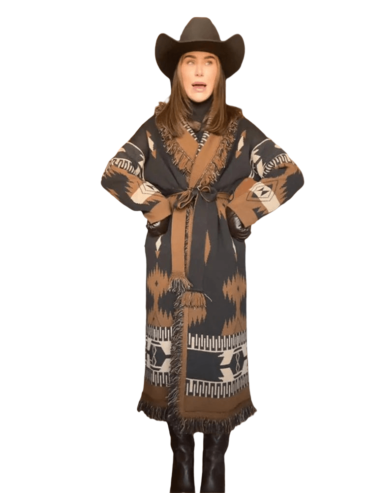 TARA – Vintage Fransen-Cardigan mit Print | V-Neck - ZAYVI