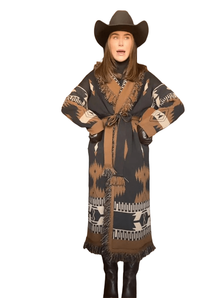 TARA – Vintage Fransen-Cardigan mit Print | V-Neck - ZAYVI