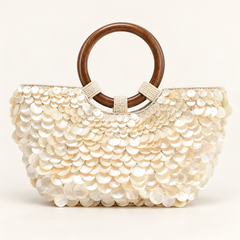Boho Chic Perlmutt-Tasche – Muscheldetails und Holzgriffe