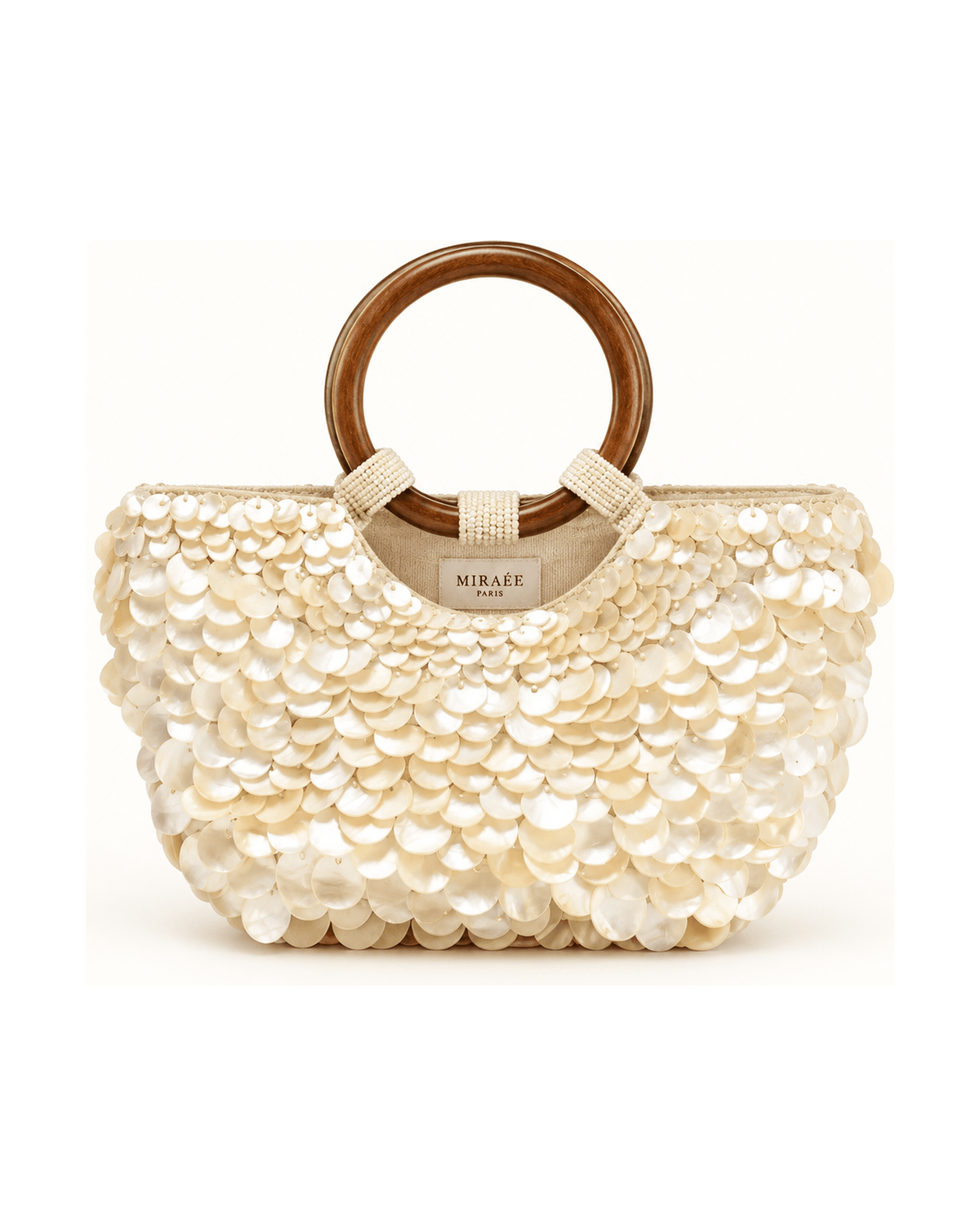 MIRAEE-UNIFORM-2026 | Boho Chic Perlmutt-Tasche mit Holzgriffen – freigestellte Produktansicht auf weißem Hintergrund