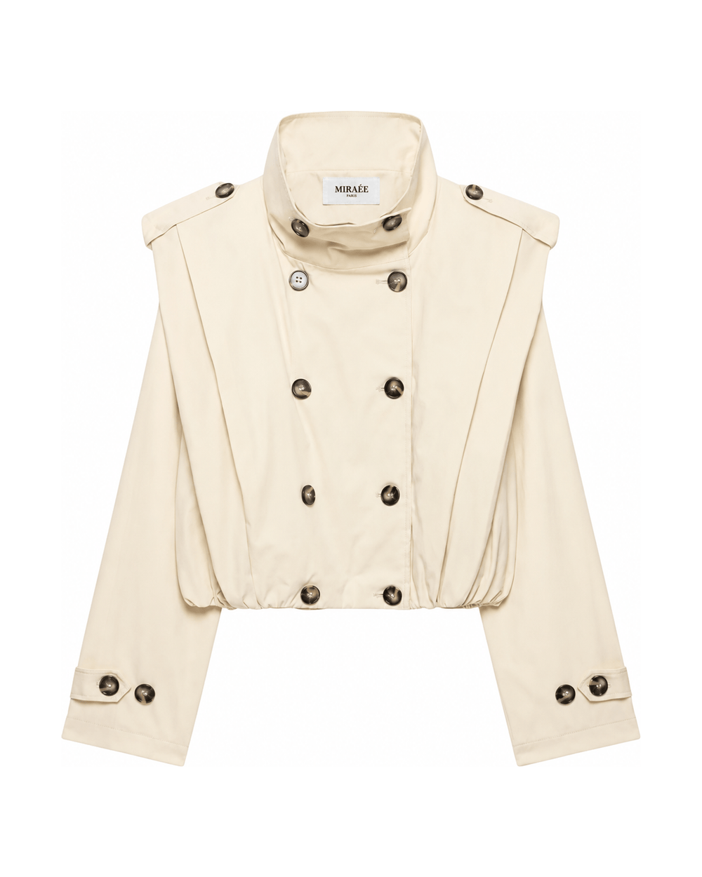 MIRAEE-UNIFORM-2026 | BSAY VINTAGE – Cropped Trenchcoat mit Épaulettes – freigestellte Produktansicht auf weißem Hintergrund