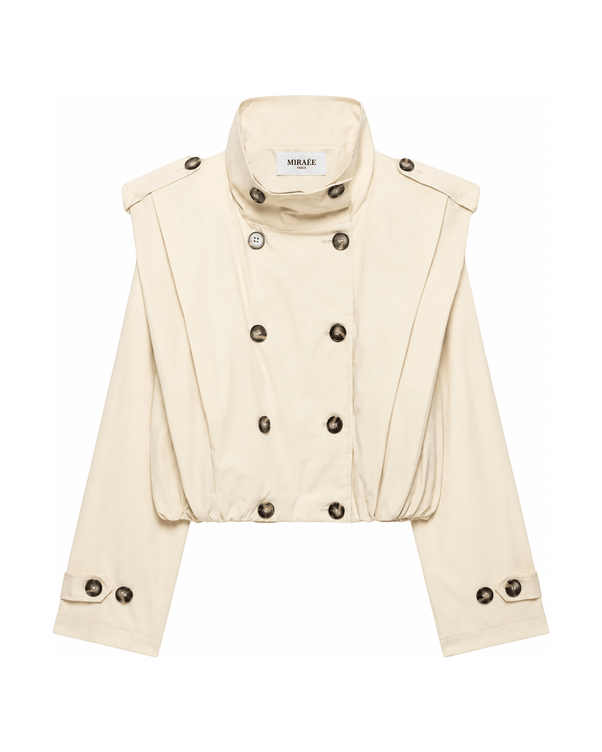 MIRAEE-UNIFORM-2026 | BSAY VINTAGE – Cropped Trenchcoat mit Épaulettes – freigestellte Produktansicht auf weißem Hintergrund