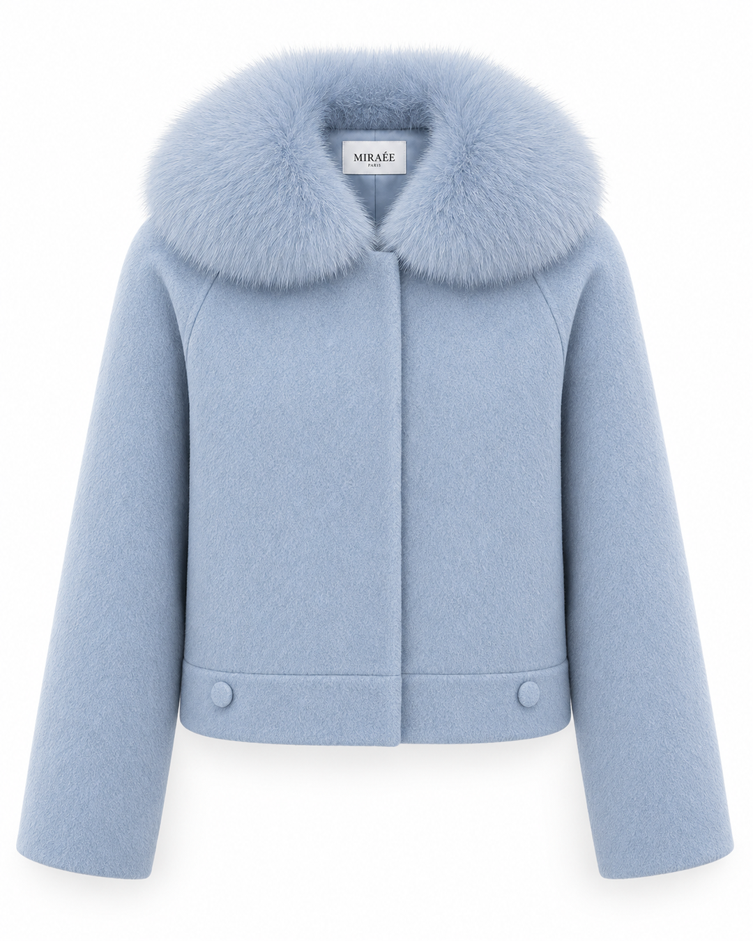 CELESTE Wolljacke in Himmelblau – Freisteller mit MIRAÉE Label
