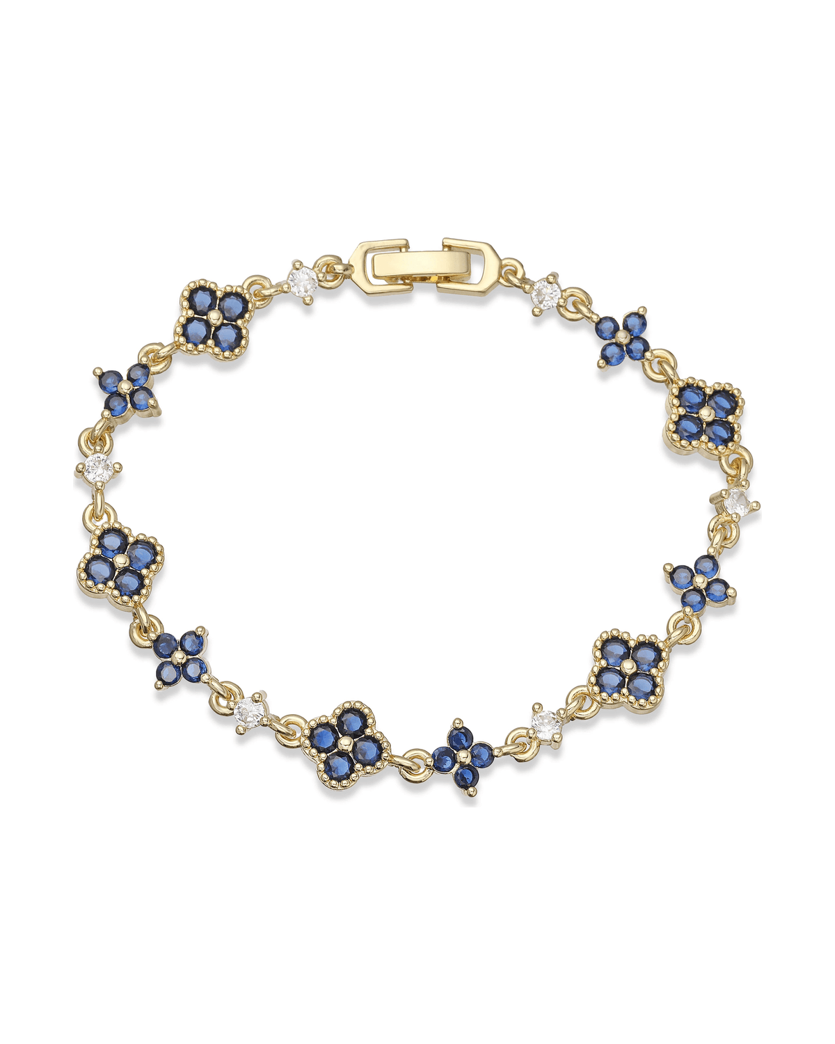 MIRAEE-UNIFORM-2026 | CÉLESTE – Kleeblatt-Armband mit funkelndem Zirkonia – Blau – freigestellte Produktansicht auf weißem Hintergrund