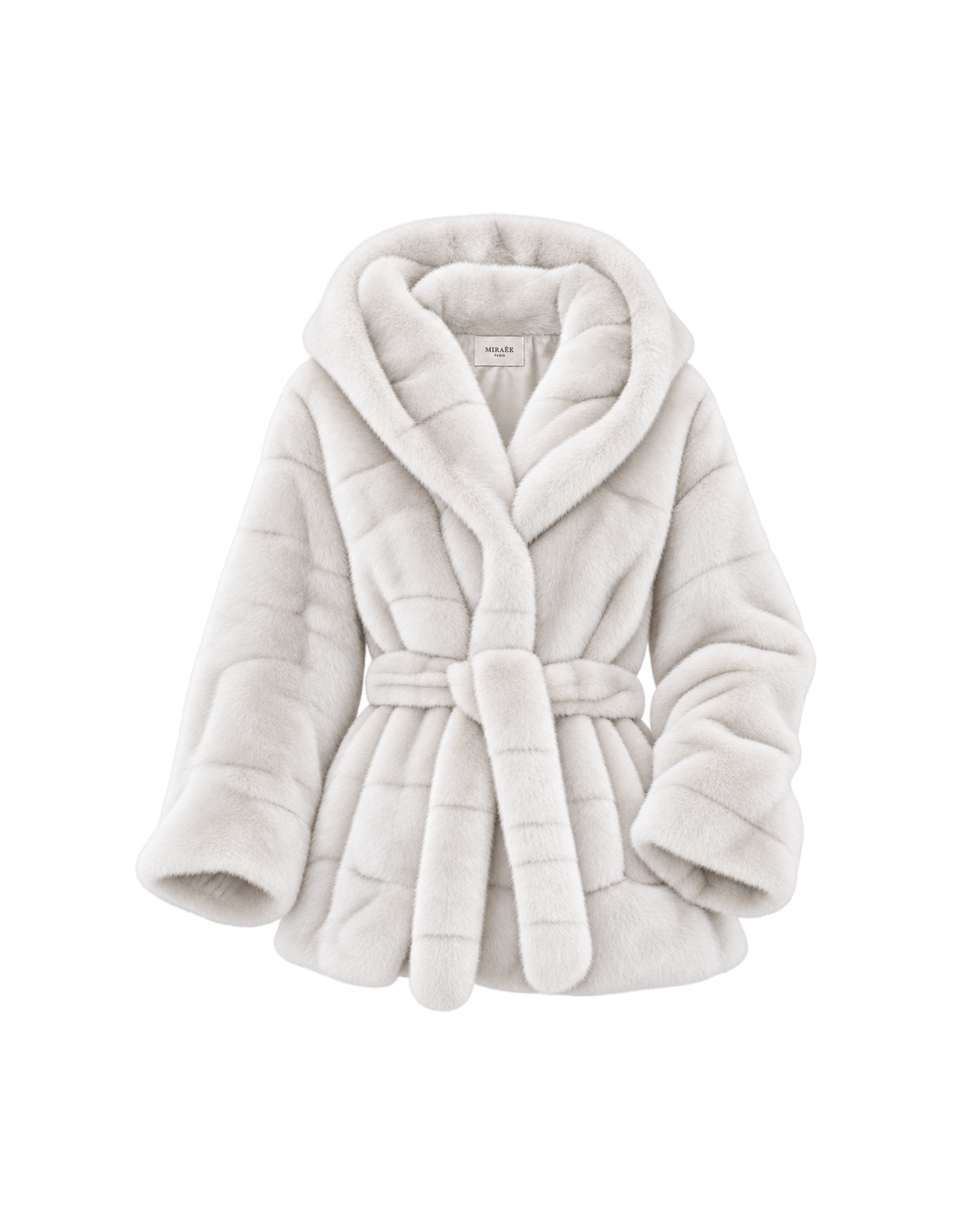 MIRAEE-UNIFORM-2026 | CÉLINE – Kunstpelzjacke mit Querstruktur und Kapuze – Weiß – freigestellte Produktansicht auf weißem Hintergrund