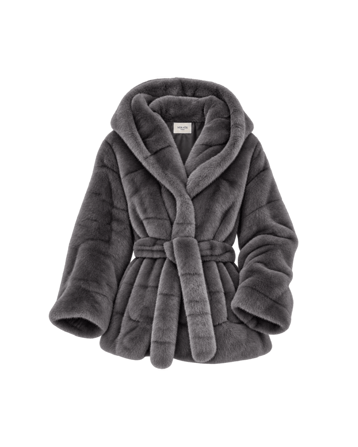 MIRAEE-UNIFORM-2026 | CÉLINE – Kunstpelzjacke mit Querstruktur und Kapuze – Grau – freigestellte Produktansicht auf weißem Hintergrund