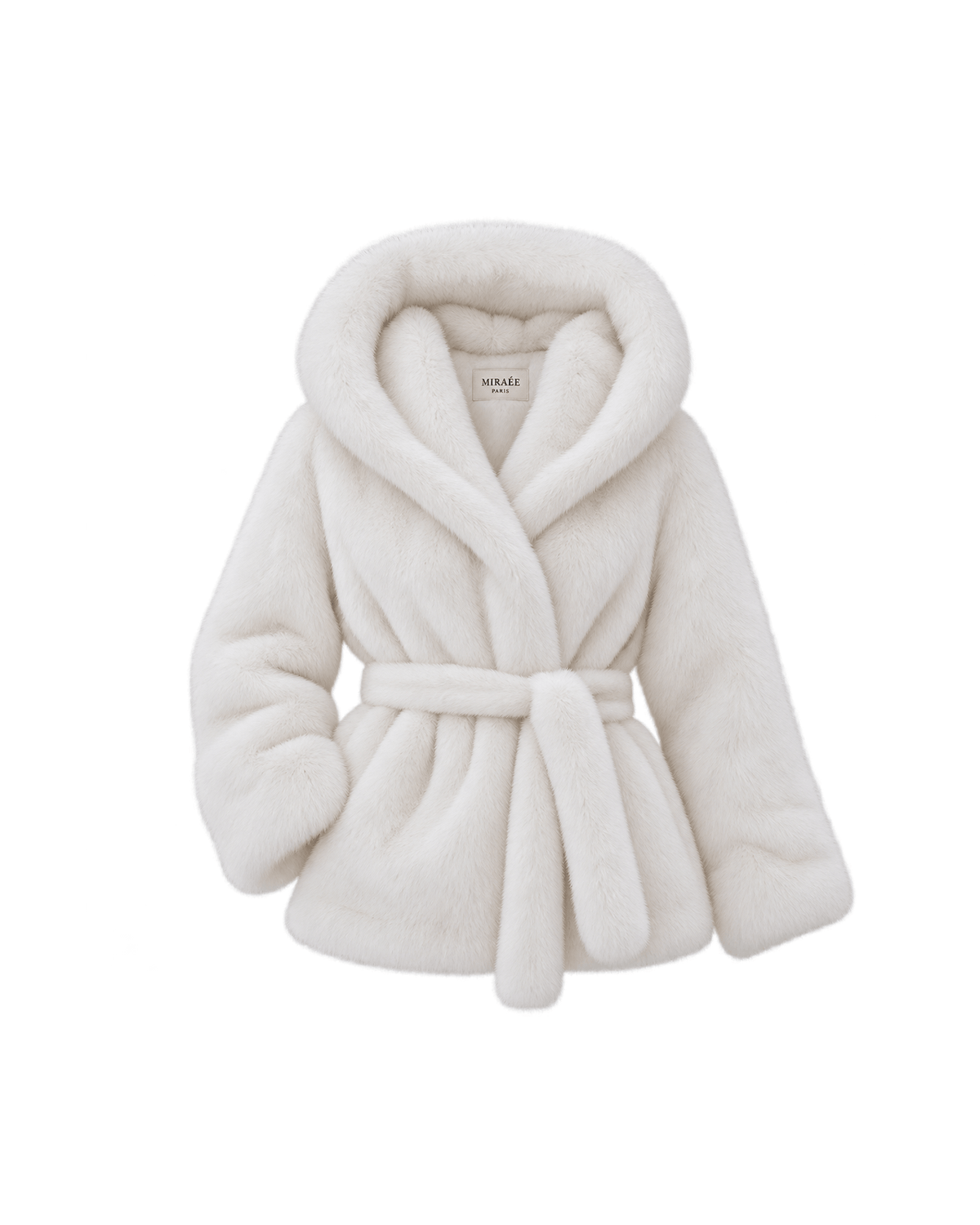 MIRAEE-UNIFORM-2026 | CÉLINE – Kunstpelzjacke mit Kapuze und Bindegürtel – Weiß – freigestellte Produktansicht auf weißem Hintergrund