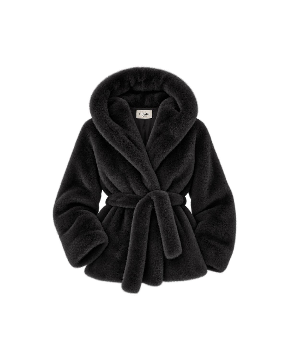 MIRAEE-UNIFORM-2026 | CÉLINE – Kunstpelzjacke mit Kapuze und Bindegürtel – Schwarz – freigestellte Produktansicht auf weißem Hintergrund