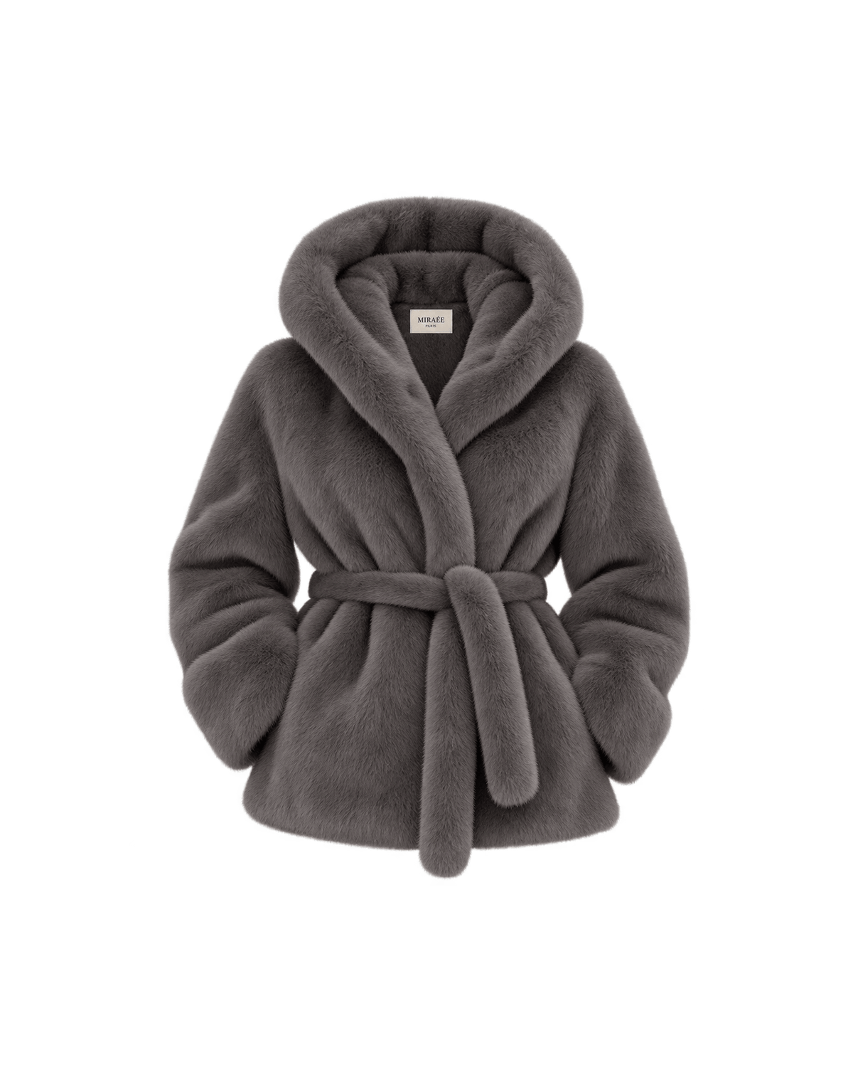 MIRAEE-UNIFORM-2026 | CÉLINE – Kunstpelzjacke mit Kapuze und Bindegürtel – Grau – freigestellte Produktansicht auf weißem Hintergrund