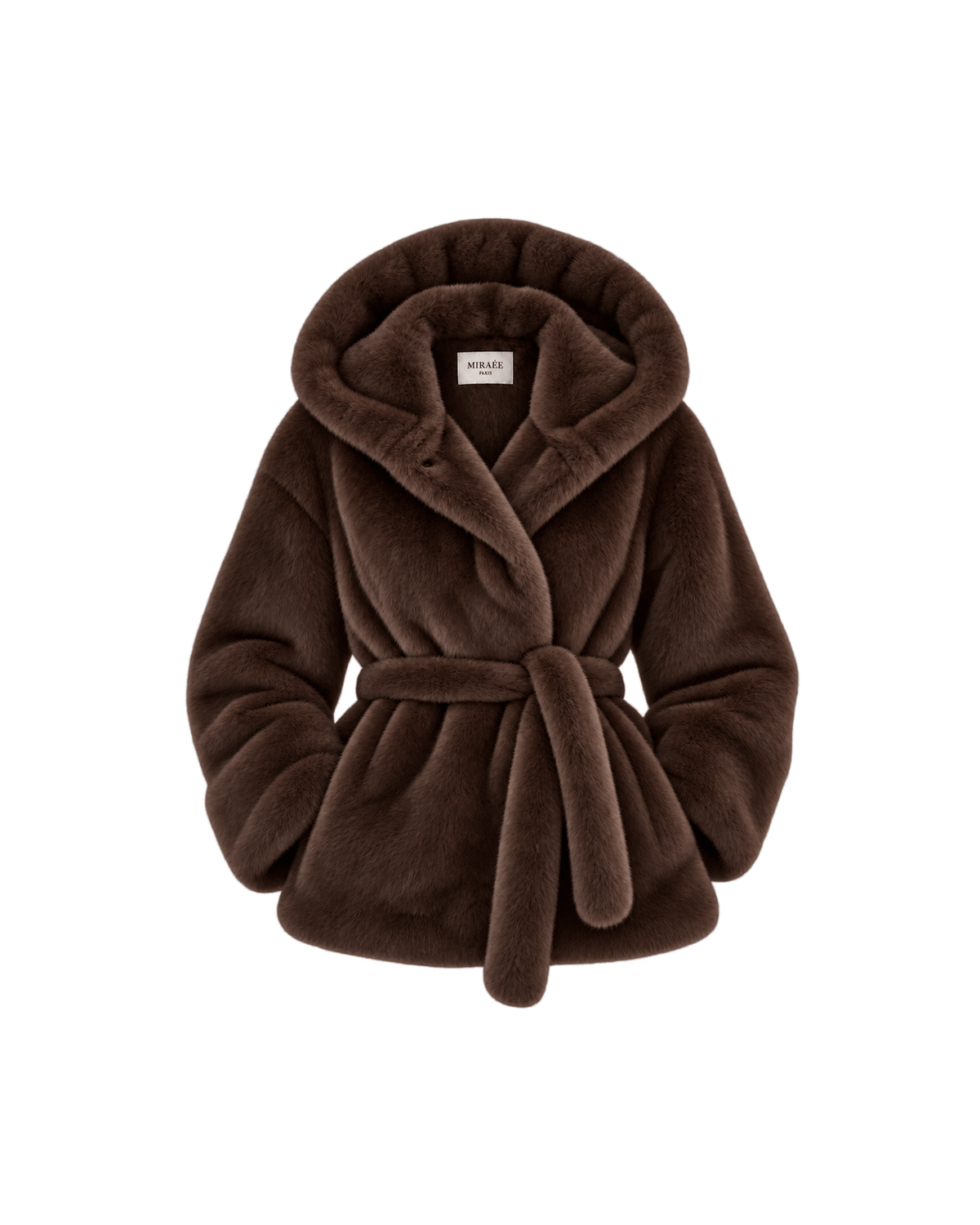 MIRAEE-UNIFORM-2026 | CÉLINE – Kunstpelzjacke mit Kapuze und Bindegürtel – Dunkelbraun – freigestellte Produktansicht auf weißem Hintergrund