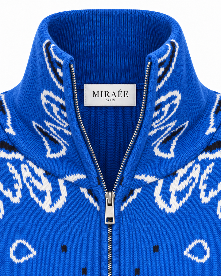 COLETTE Blau – Detailaufnahme von MIRAÉE PARIS Label, Kragen, Reißverschluss und Strickstruktur