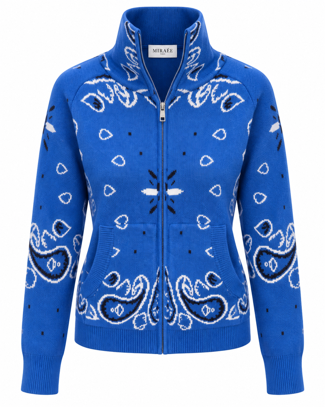 COLETTE Jacquard-Strickcardigan Blau – Freisteller mit MIRAÉE PARIS Innenlabel