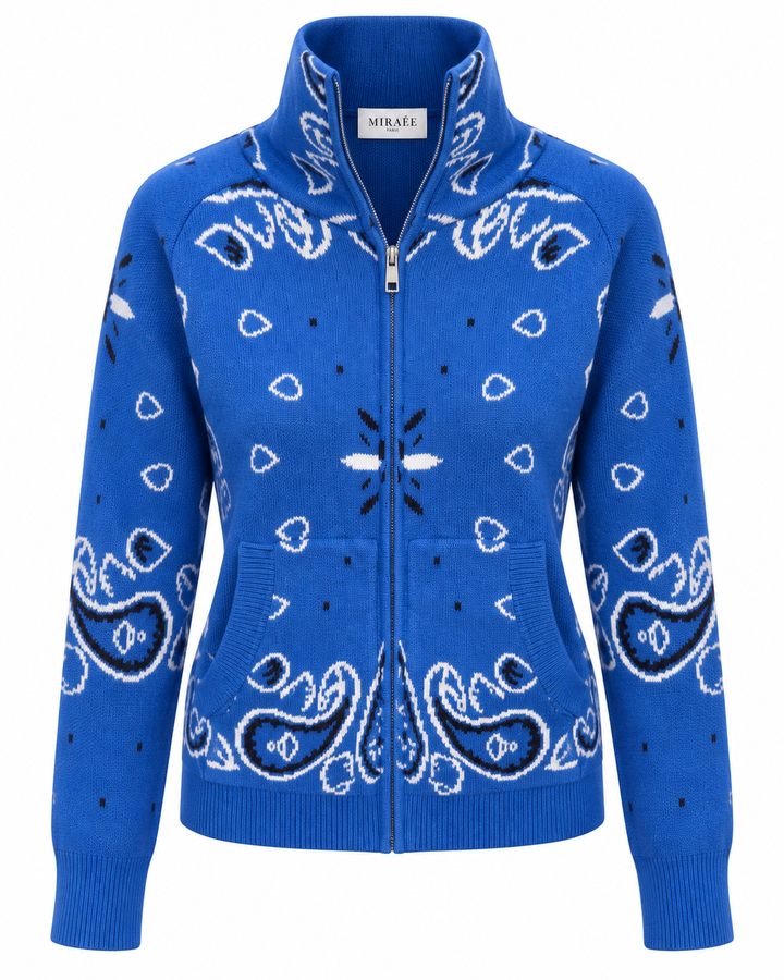 COLETTE Jacquard-Strickcardigan Blau – Freisteller mit MIRAÉE PARIS Innenlabel