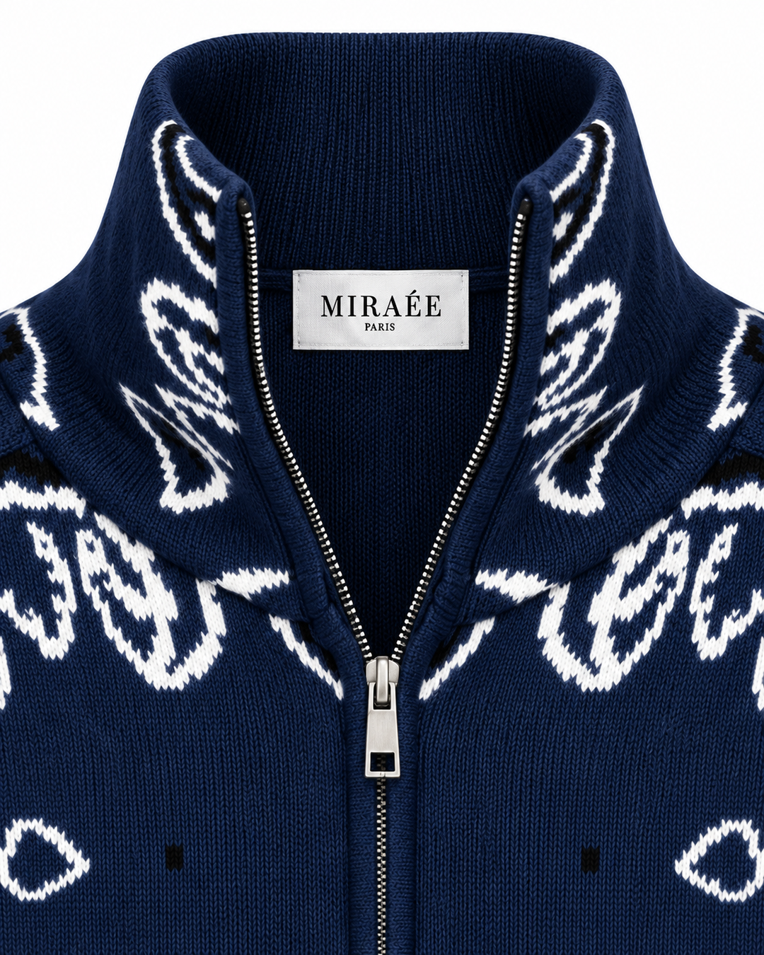 COLETTE Dunkelblau – Detailaufnahme von MIRAÉE PARIS Label, Kragen, Reißverschluss und Strickstruktur