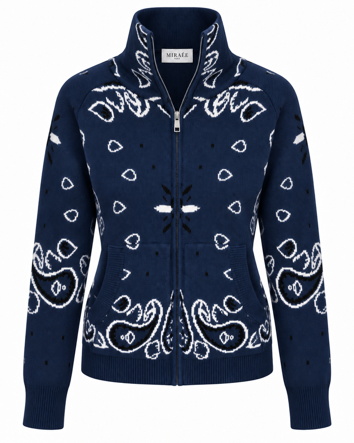 COLETTE Jacquard-Strickcardigan Dunkelblau – Freisteller mit MIRAÉE PARIS Innenlabel