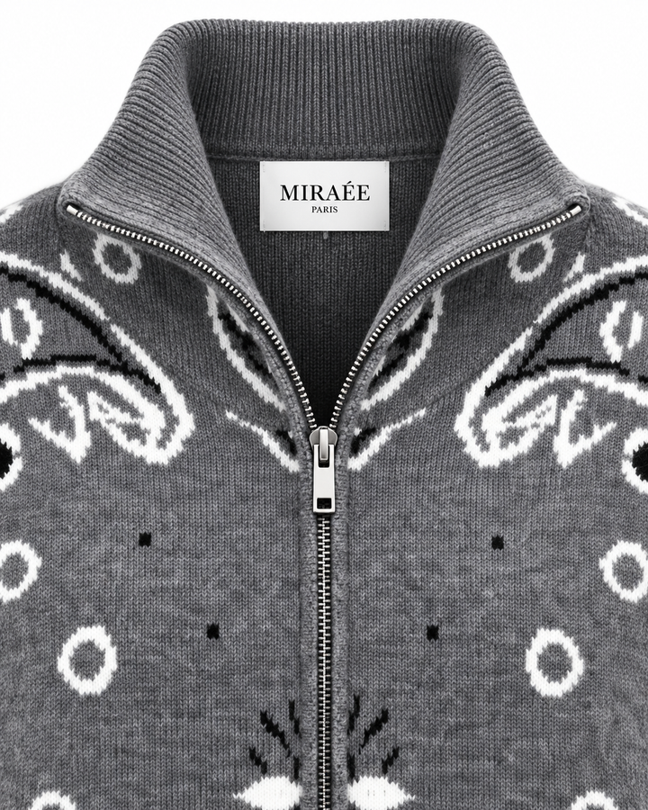 COLETTE Dunkelgrau – Detailaufnahme von MIRAÉE PARIS Label, Kragen, Reißverschluss und Strickstruktur