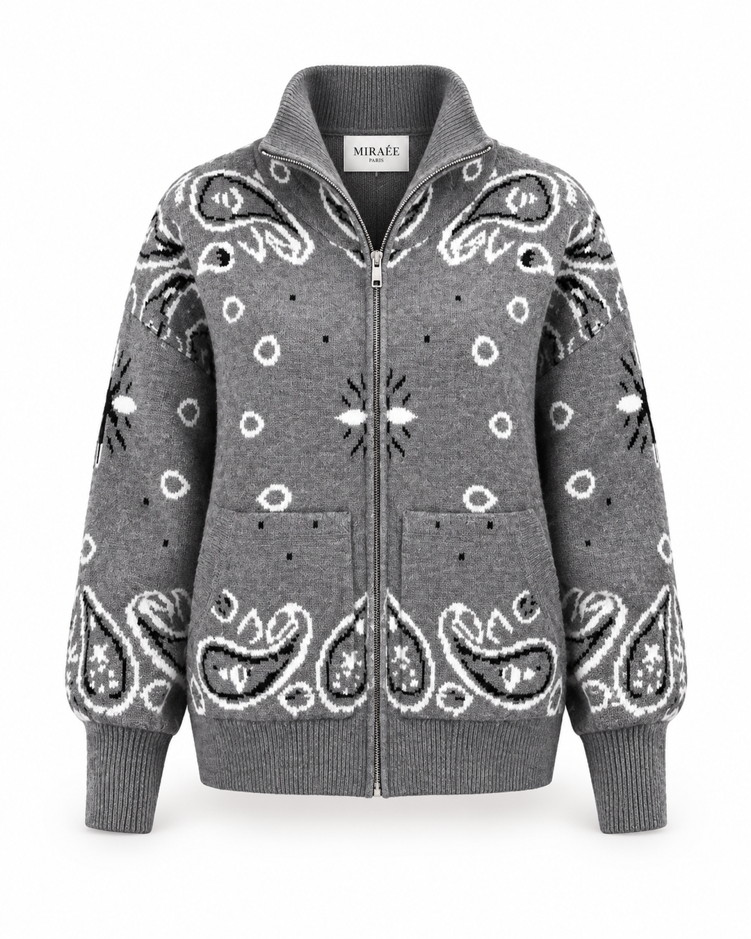 COLETTE Jacquard-Strickcardigan in Dunkelgrau – Freisteller mit MIRAÉE PARIS Innenlabel