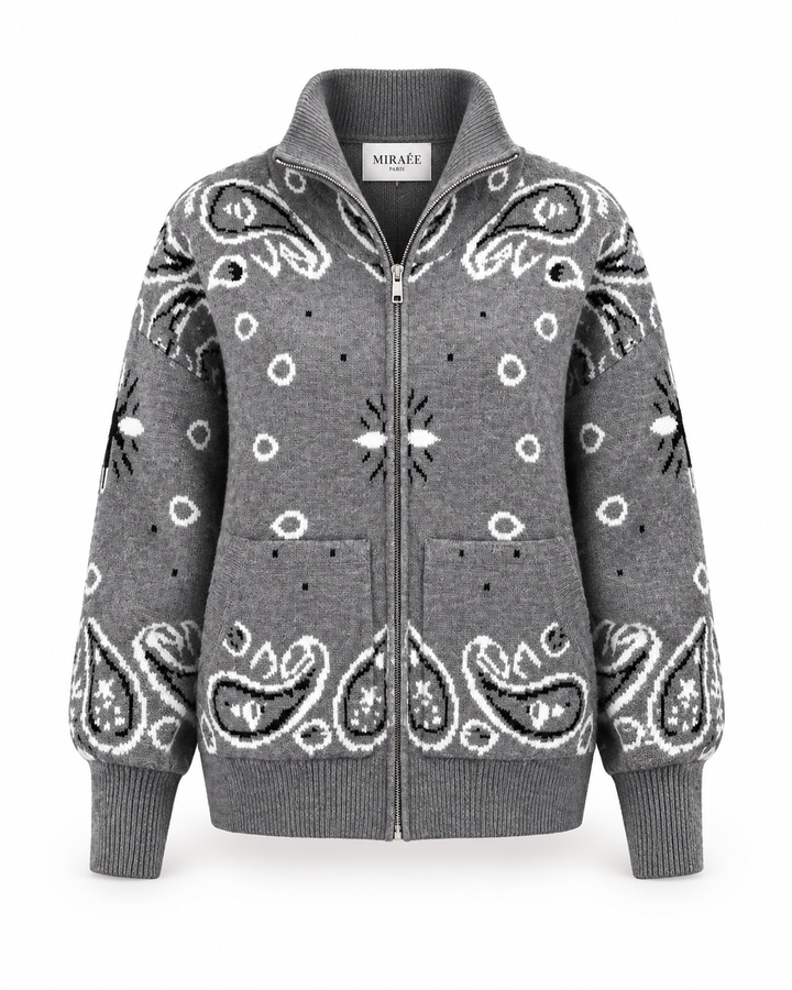 COLETTE Jacquard-Strickcardigan in Dunkelgrau – Freisteller mit MIRAÉE PARIS Innenlabel