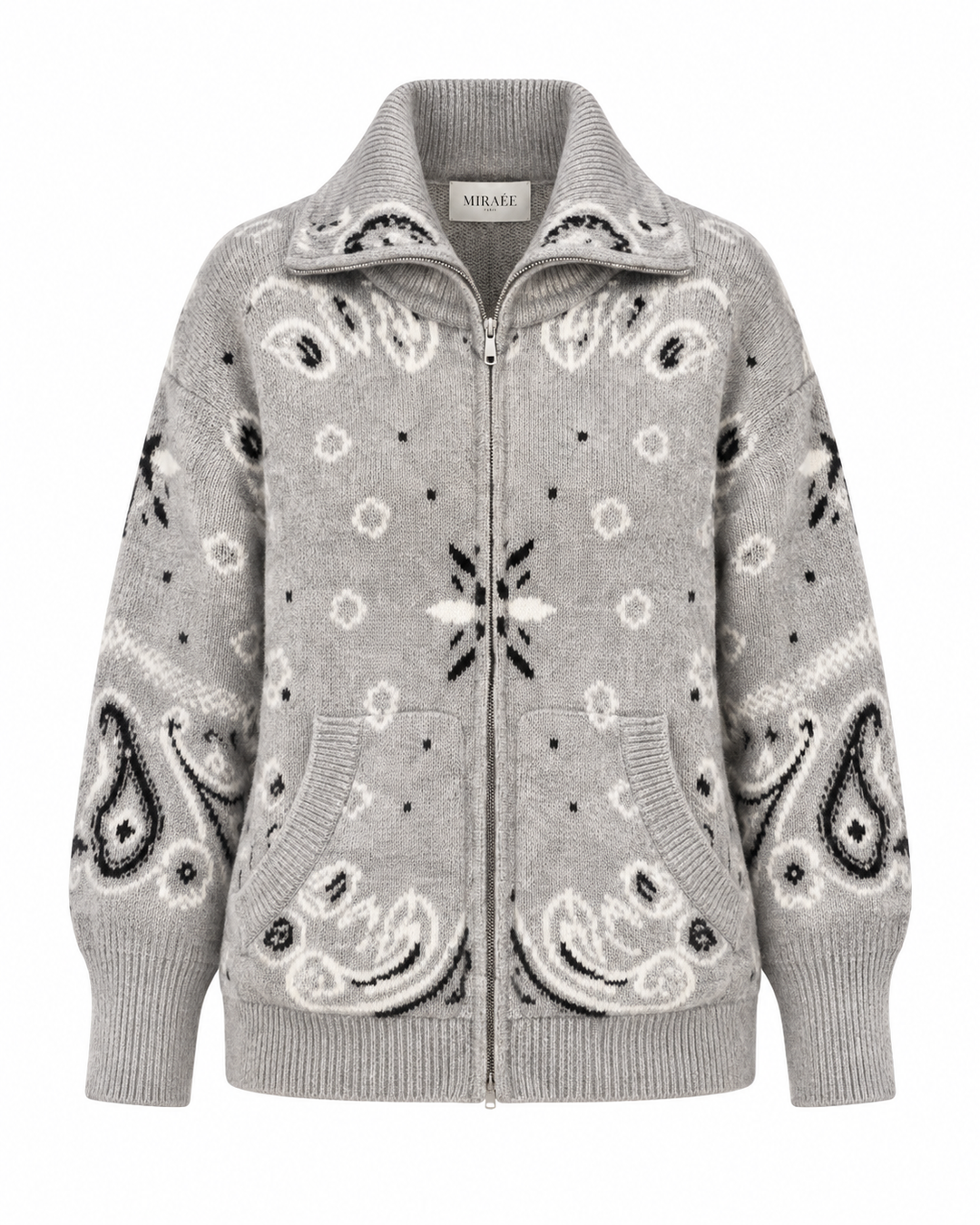 COLETTE Jacquard-Strickcardigan Hellgrau – Freisteller mit MIRAÉE PARIS Innenlabel