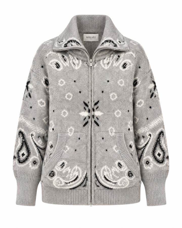 COLETTE Jacquard-Strickcardigan Hellgrau – Freisteller mit MIRAÉE PARIS Innenlabel
