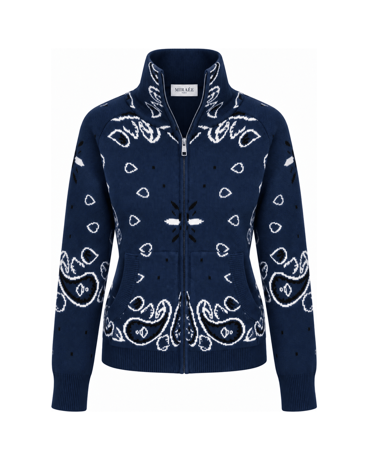 MIRAEE-UNIFORM-2026 | COLETTE – Jacquard-Strickcardigan mit Stehkragen – Dunkelblau – freigestellte Produktansicht auf weißem Hintergrund