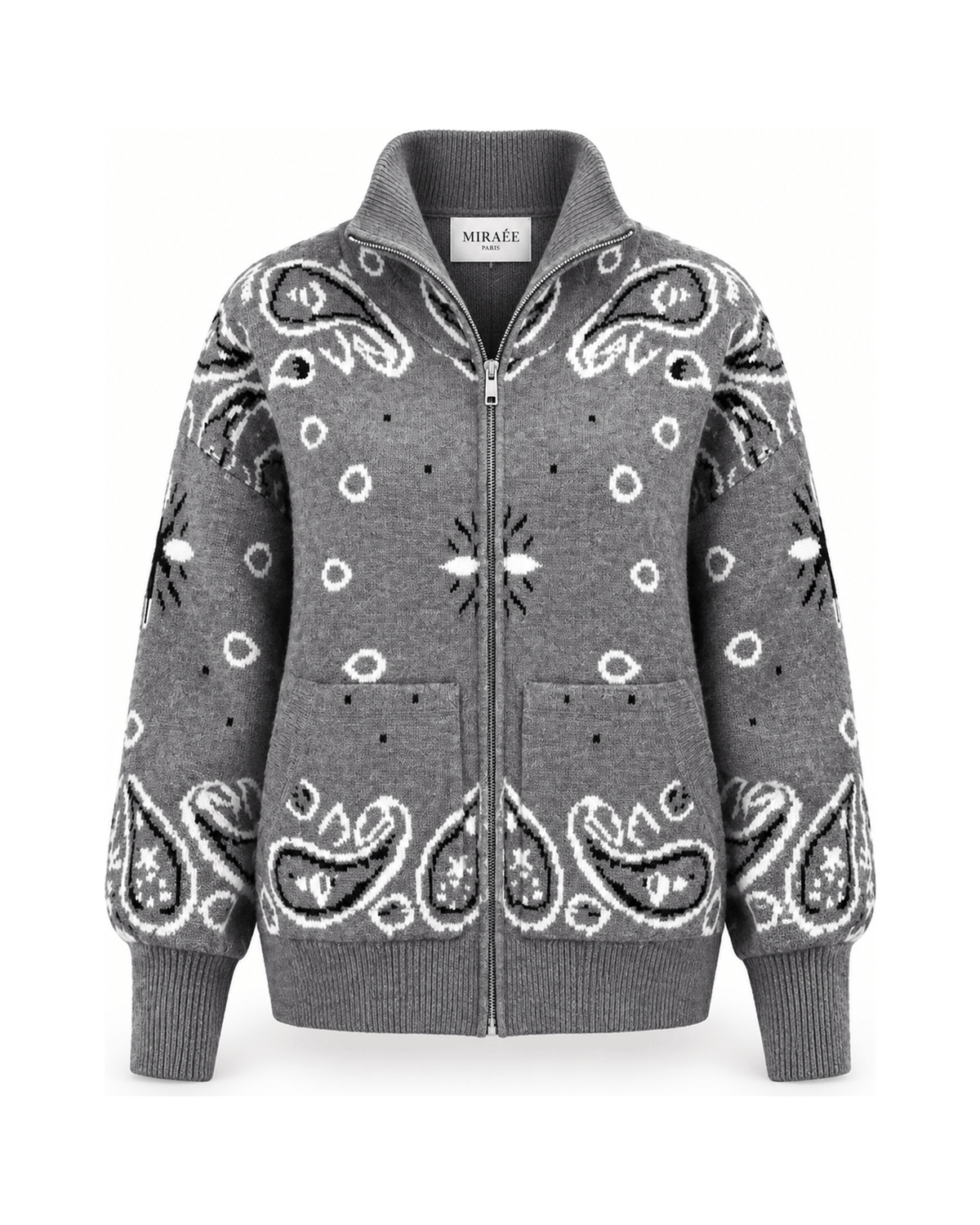 MIRAEE-UNIFORM-2026 | COLETTE – Jacquard-Strickcardigan mit Stehkragen – Dunkelgrau – freigestellte Produktansicht auf weißem Hintergrund