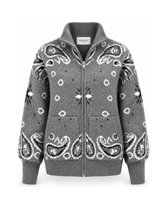 MIRAEE-UNIFORM-2026 | COLETTE – Jacquard-Strickcardigan mit Stehkragen – Dunkelgrau – freigestellte Produktansicht auf weißem Hintergrund
