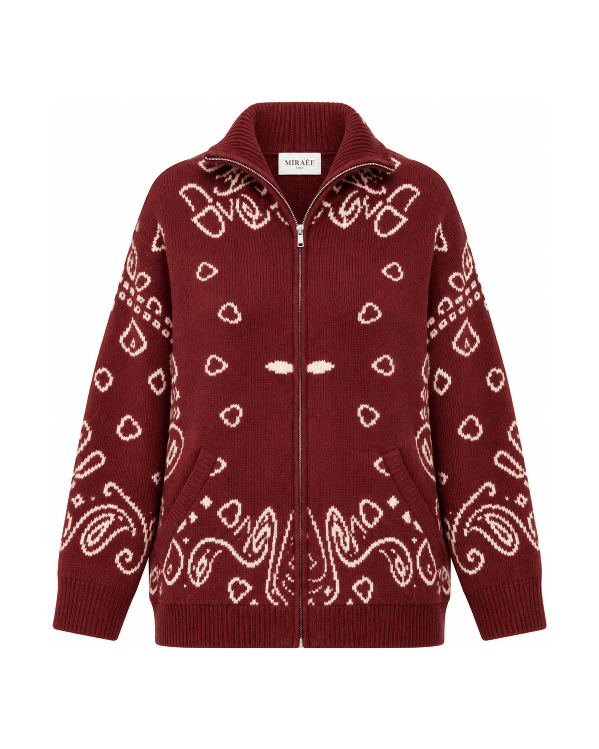 MIRAEE-UNIFORM-2026 | COLETTE – Jacquard-Strickcardigan mit Stehkragen – Weinrot – freigestellte Produktansicht auf weißem Hintergrund