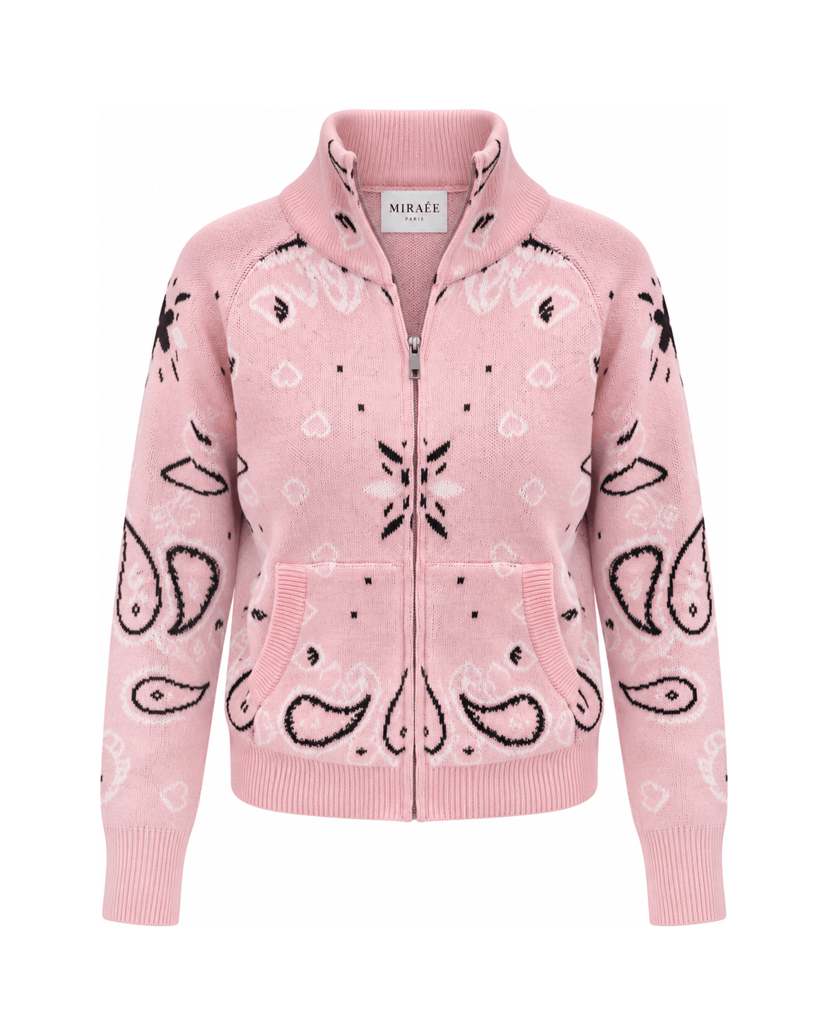 MIRAEE-UNIFORM-2026 | COLETTE – Jacquard-Strickcardigan mit Stehkragen – Rosa – freigestellte Produktansicht auf weißem Hintergrund