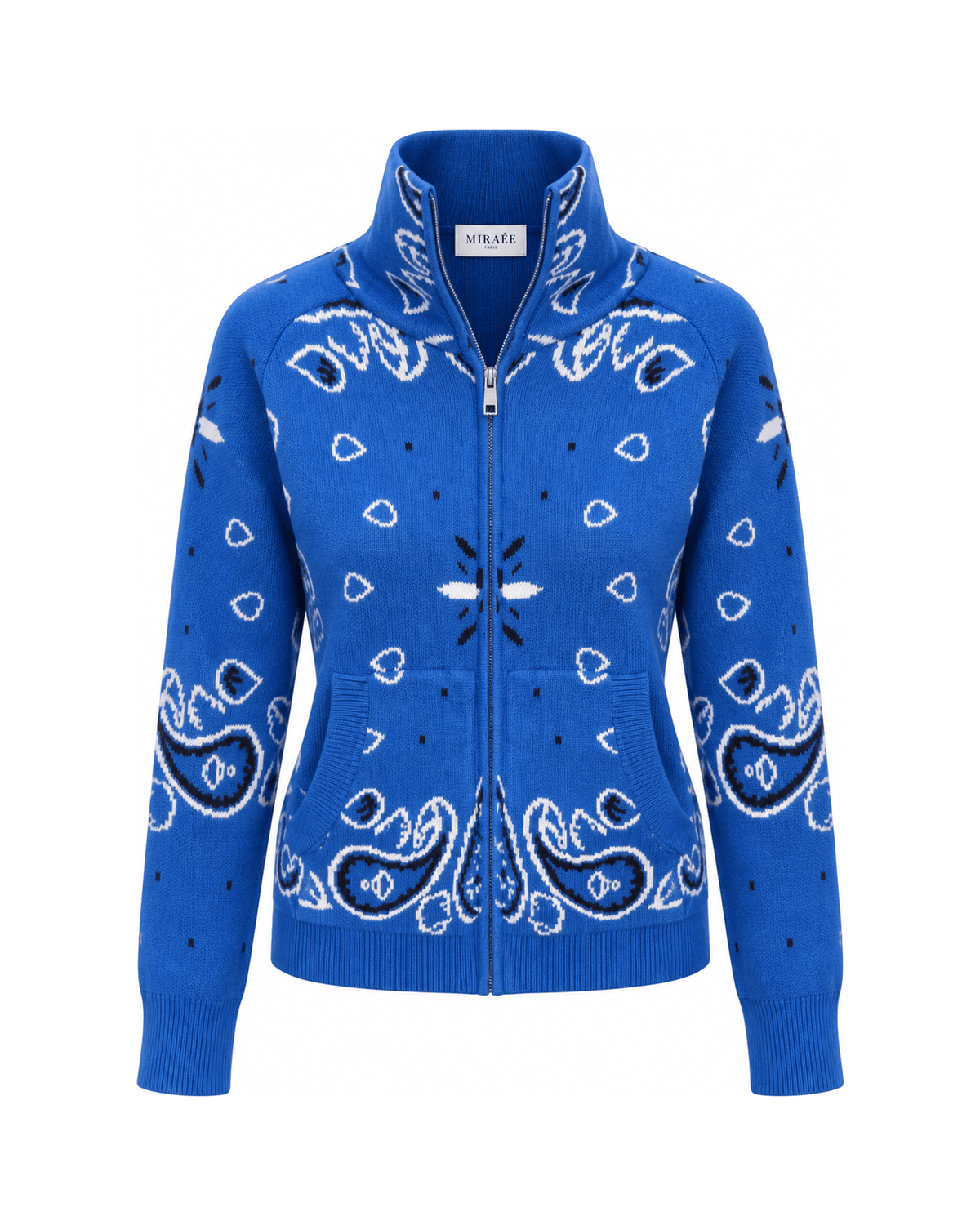 MIRAEE-UNIFORM-2026 | COLETTE – Jacquard-Strickcardigan mit Stehkragen – Blau – freigestellte Produktansicht auf weißem Hintergrund