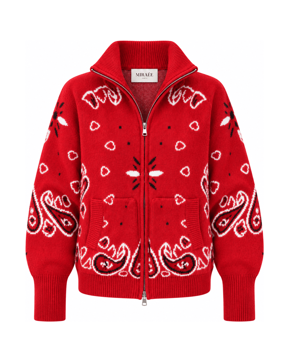 MIRAEE-UNIFORM-2026 | COLETTE – Jacquard-Strickcardigan mit Stehkragen – Rot – freigestellte Produktansicht auf weißem Hintergrund