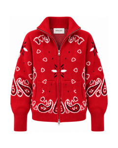 MIRAEE-UNIFORM-2026 | COLETTE – Jacquard-Strickcardigan mit Stehkragen – Rot – freigestellte Produktansicht auf weißem Hintergrund