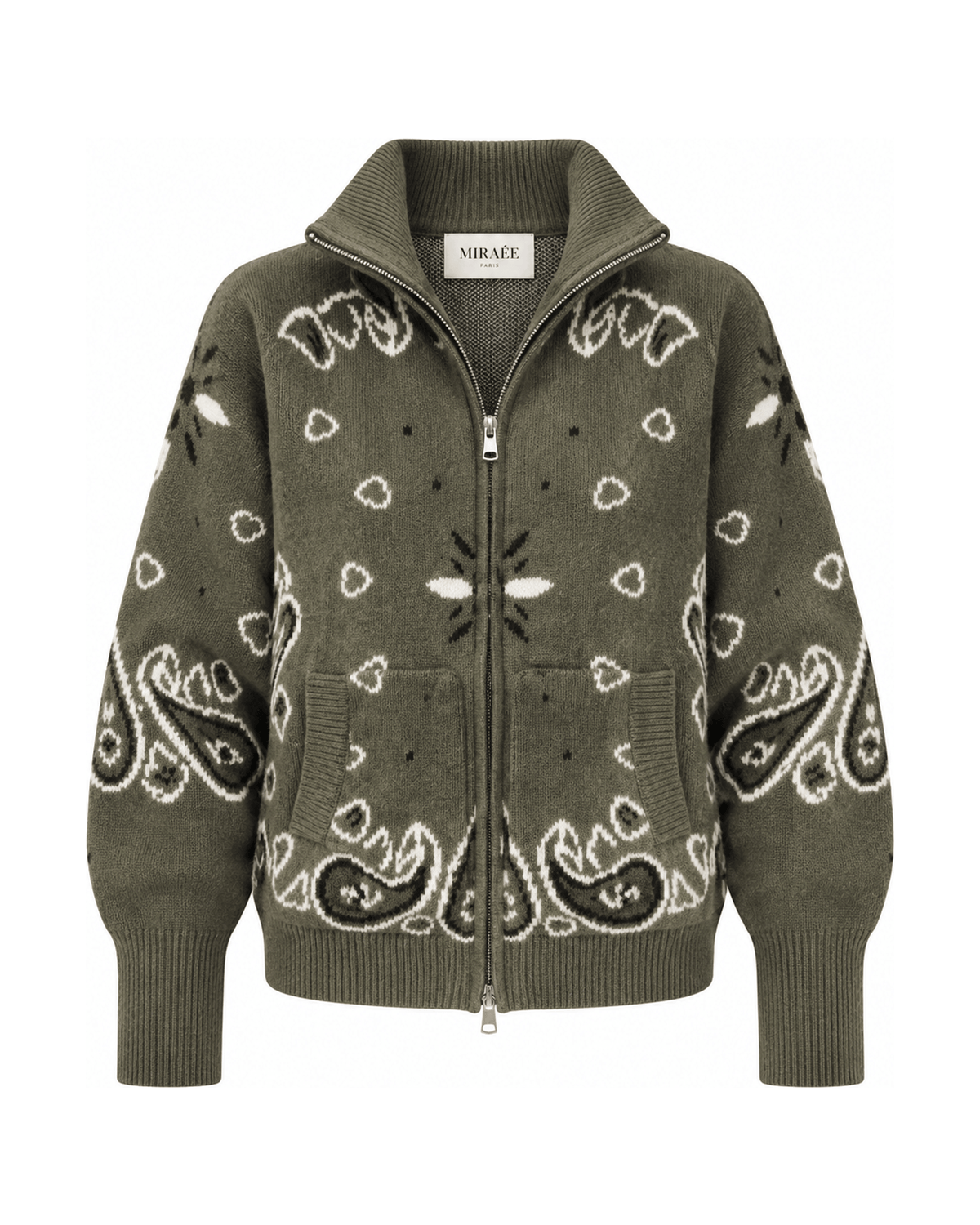 MIRAEE-UNIFORM-2026 | COLETTE – Jacquard-Strickcardigan mit Stehkragen – Khaki – freigestellte Produktansicht auf weißem Hintergrund