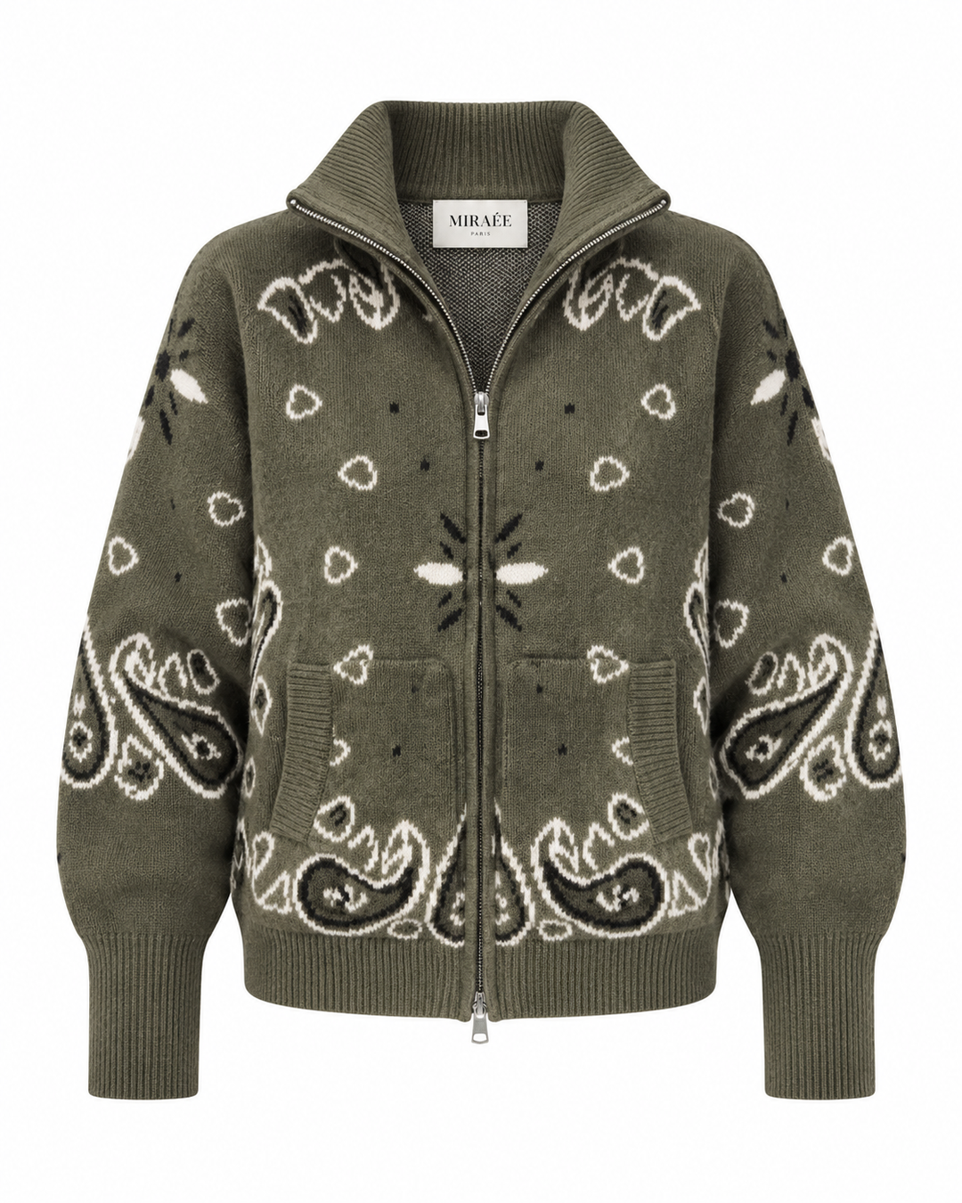 COLETTE – Khakifarbener Jacquard-Strickcardigan mit Stehkragen – Detailansicht 1 | MIRAÉE PARIS