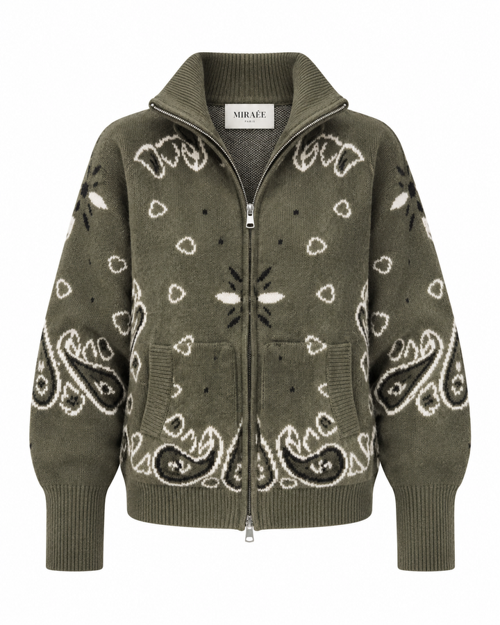 COLETTE – Khakifarbener Jacquard-Strickcardigan mit Stehkragen – Detailansicht 1 | MIRAÉE PARIS