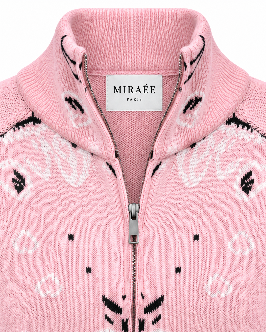 COLETTE Rosa – Detailaufnahme von MIRAÉE PARIS Label, Kragen, Reißverschluss und Strickstruktur