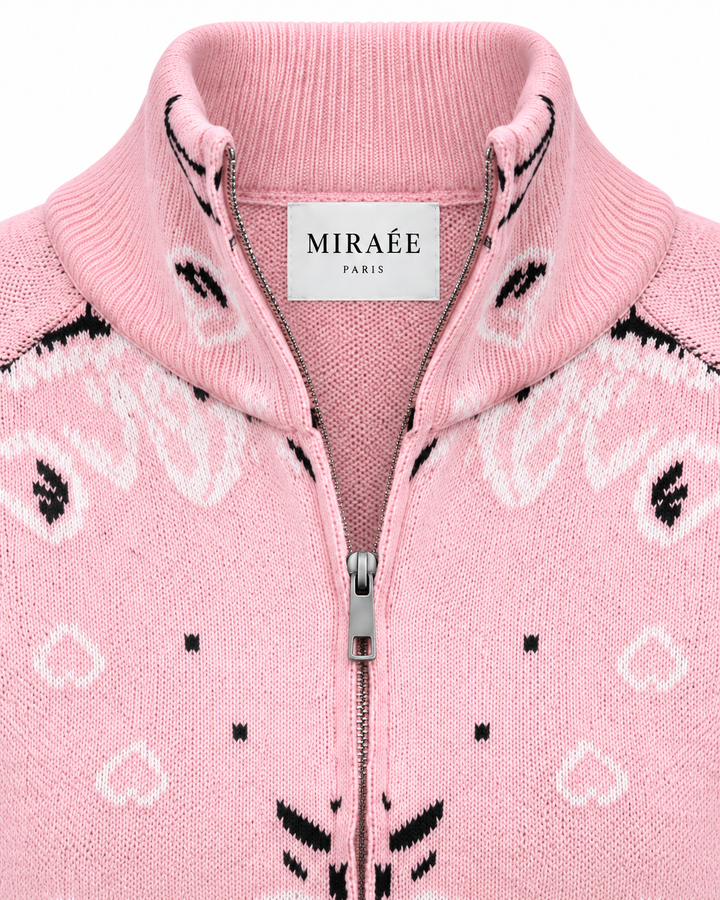 COLETTE Rosa – Detailaufnahme von MIRAÉE PARIS Label, Kragen, Reißverschluss und Strickstruktur