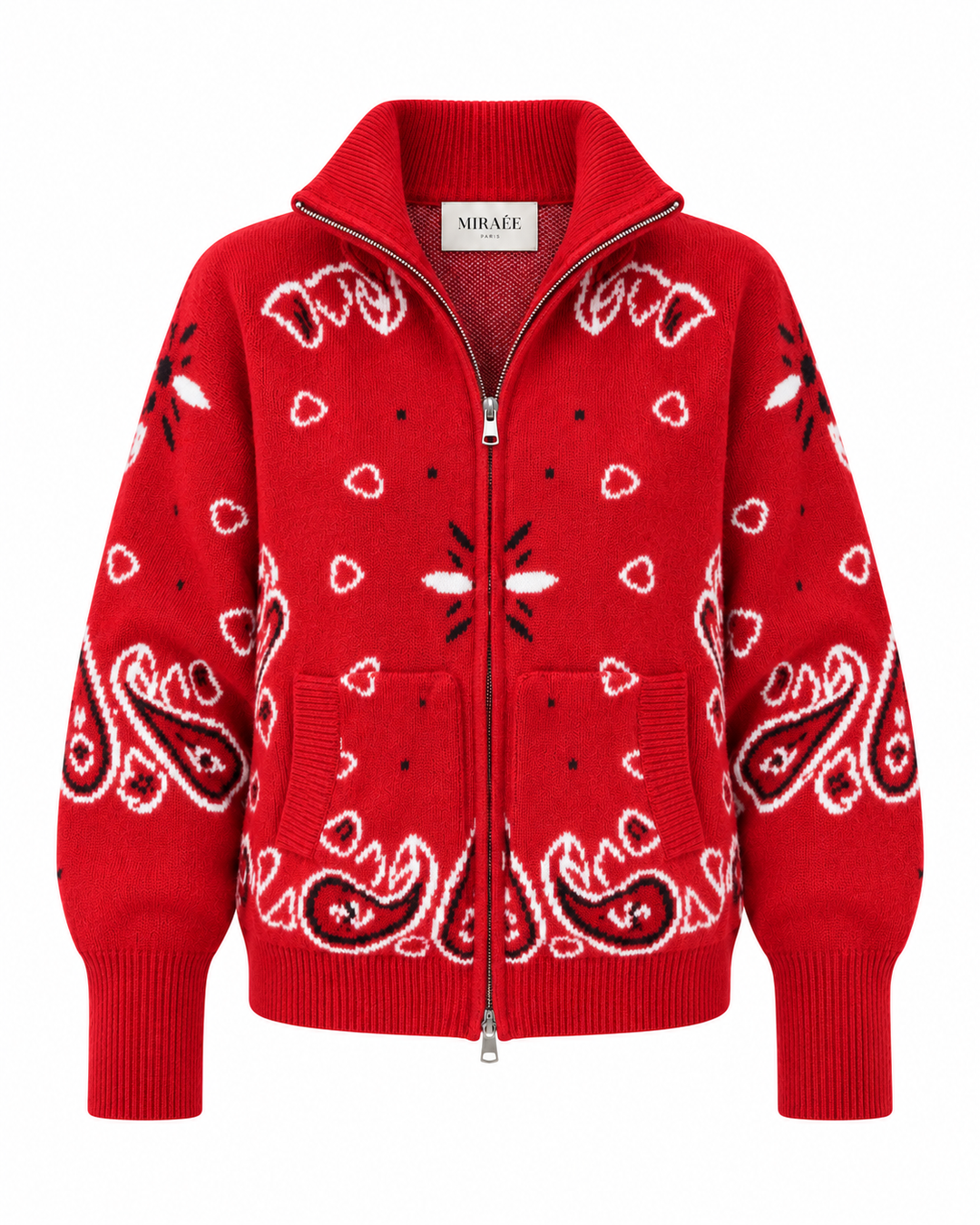 COLETTE – Roter Jacquard-Strickcardigan mit Stehkragen – Detailansicht 1 | MIRAÉE PARIS