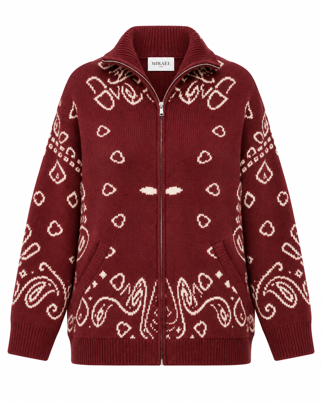 COLETTE Jacquard-Strickcardigan Weinrot – Freisteller mit MIRAÉE PARIS Innenlabel