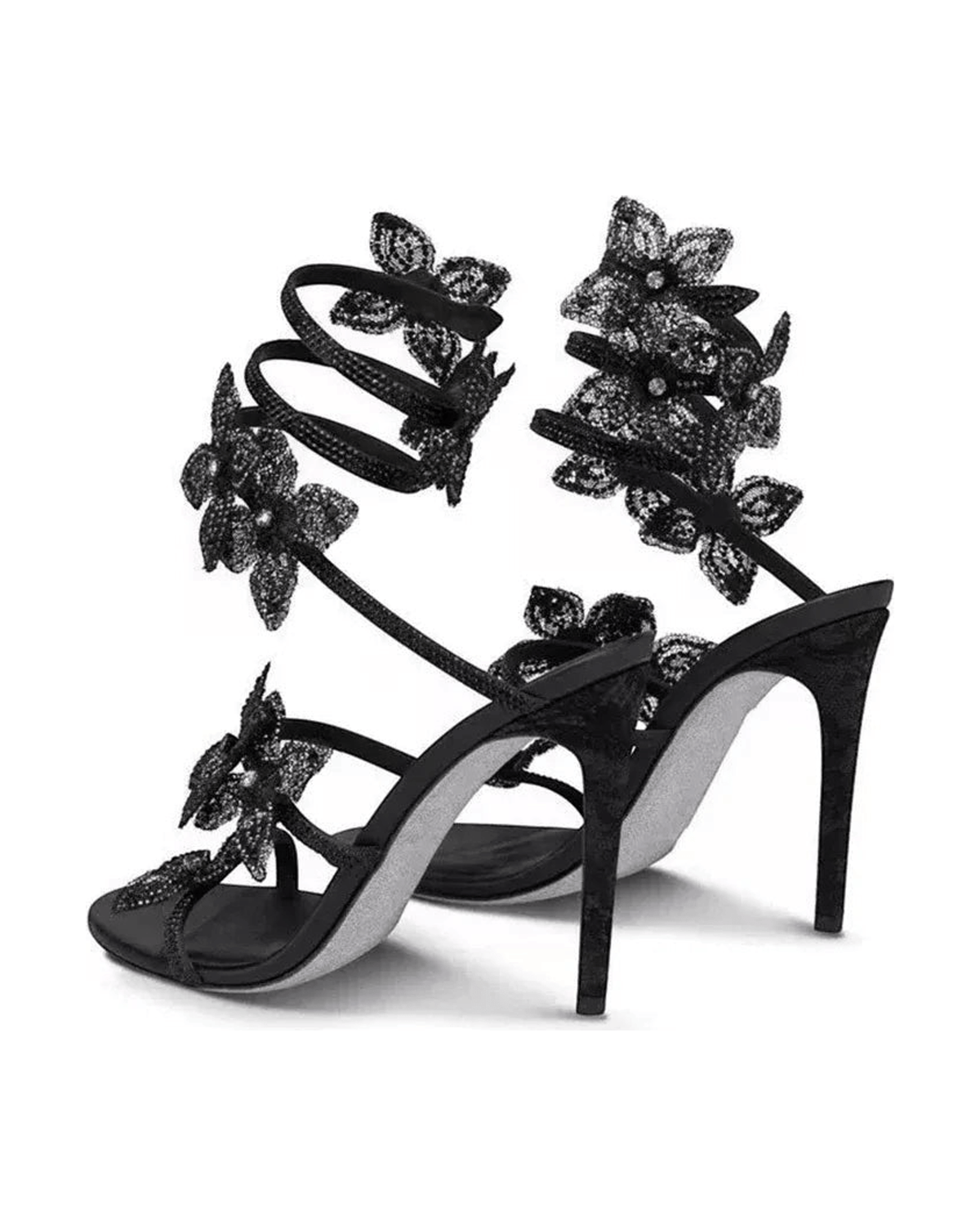 MIRAEE-UNIFORM-2026 | CRYSTAL FLOWER – High Heel Sandalen mit Kristallblumen – Schwarz – freigestellte Produktansicht auf weißem Hintergrund